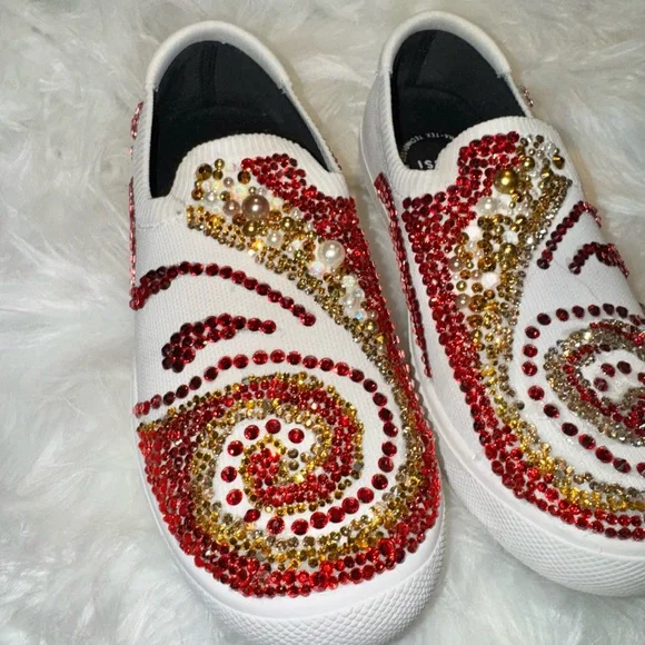 Hand-Embellished Ruby & Gold Rhinestone Sneakers Custom Wearable Art Statement - Picture 5 of 9